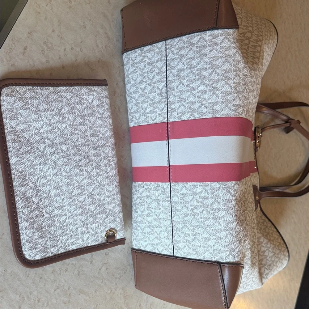 Michael Kors Cream Signature Tote with Pink & White Stripe
